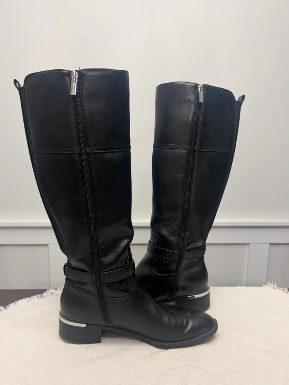 Calvin Klein Knee High Boots • Black Leather • CK Logo Strap • Size 9